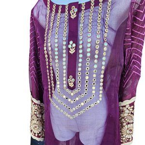 Farooq Hameed Tunic Sheer Eggplant Gold Mirrored Embroidered Elegant Top M